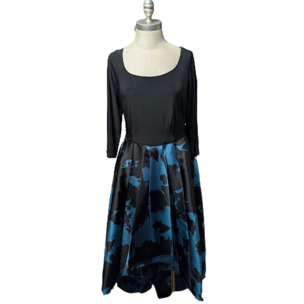 R&M Richards Black Blue Midi Dress 3/4 Sleeve A-Line Women’s Size 14 USED